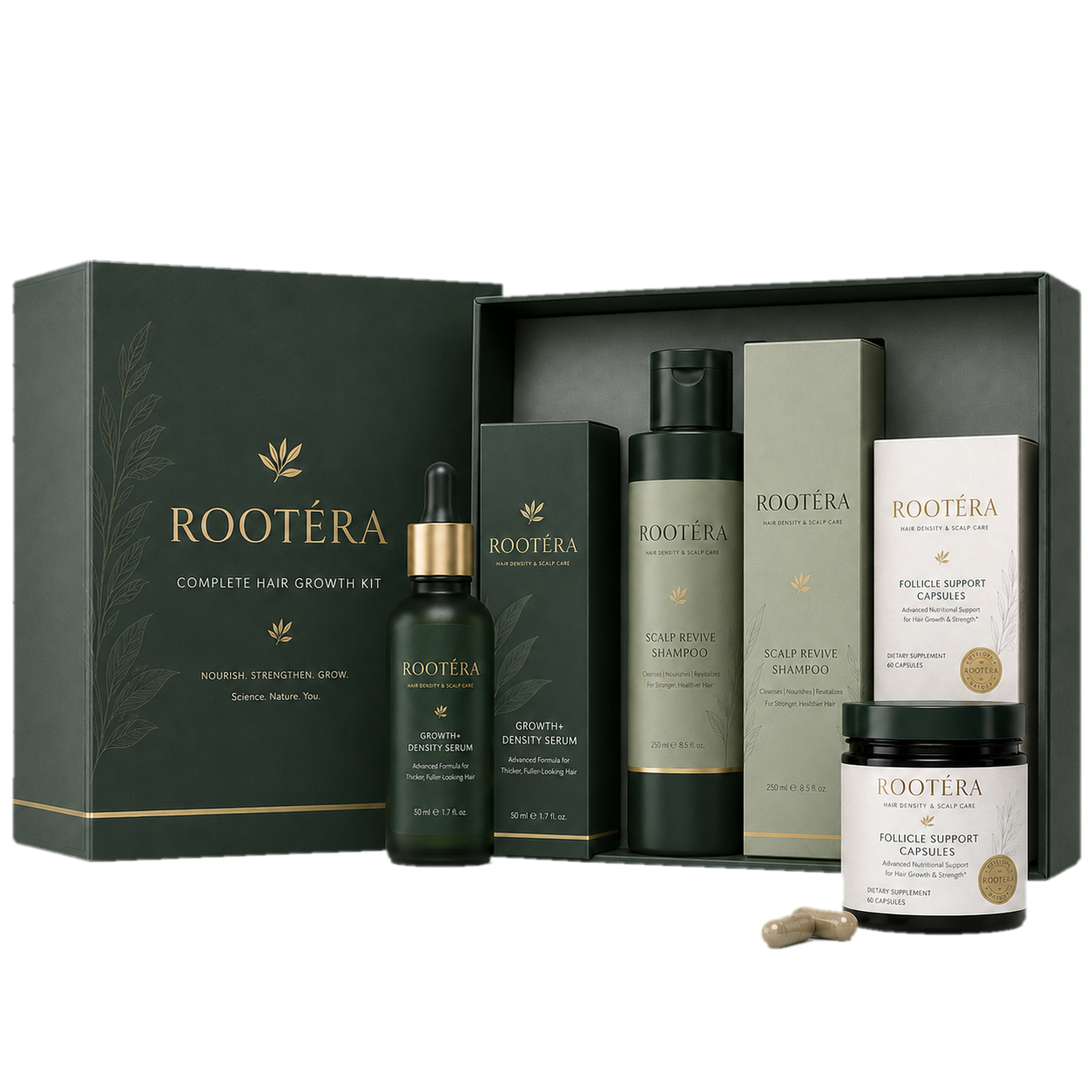 ROOTÉRA Complete Hair Growth Kit with serum, shampoo and capsules